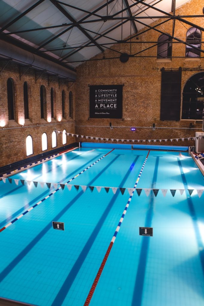 a swimming pool in a large building